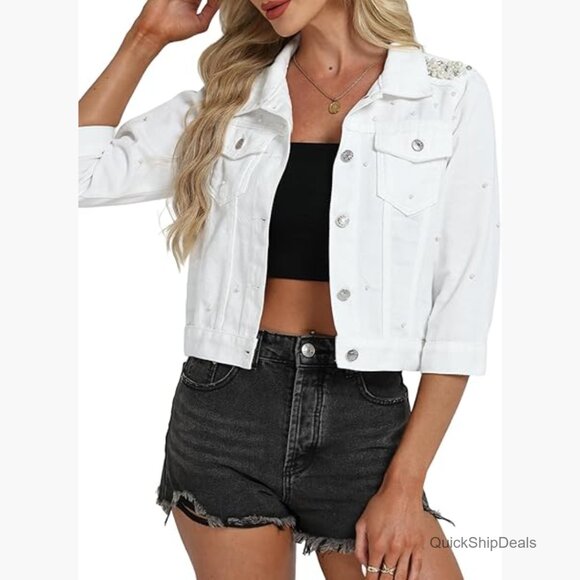 Cropped Denim Jacket with Pearls and Rhinestones 3/4 Sleeve